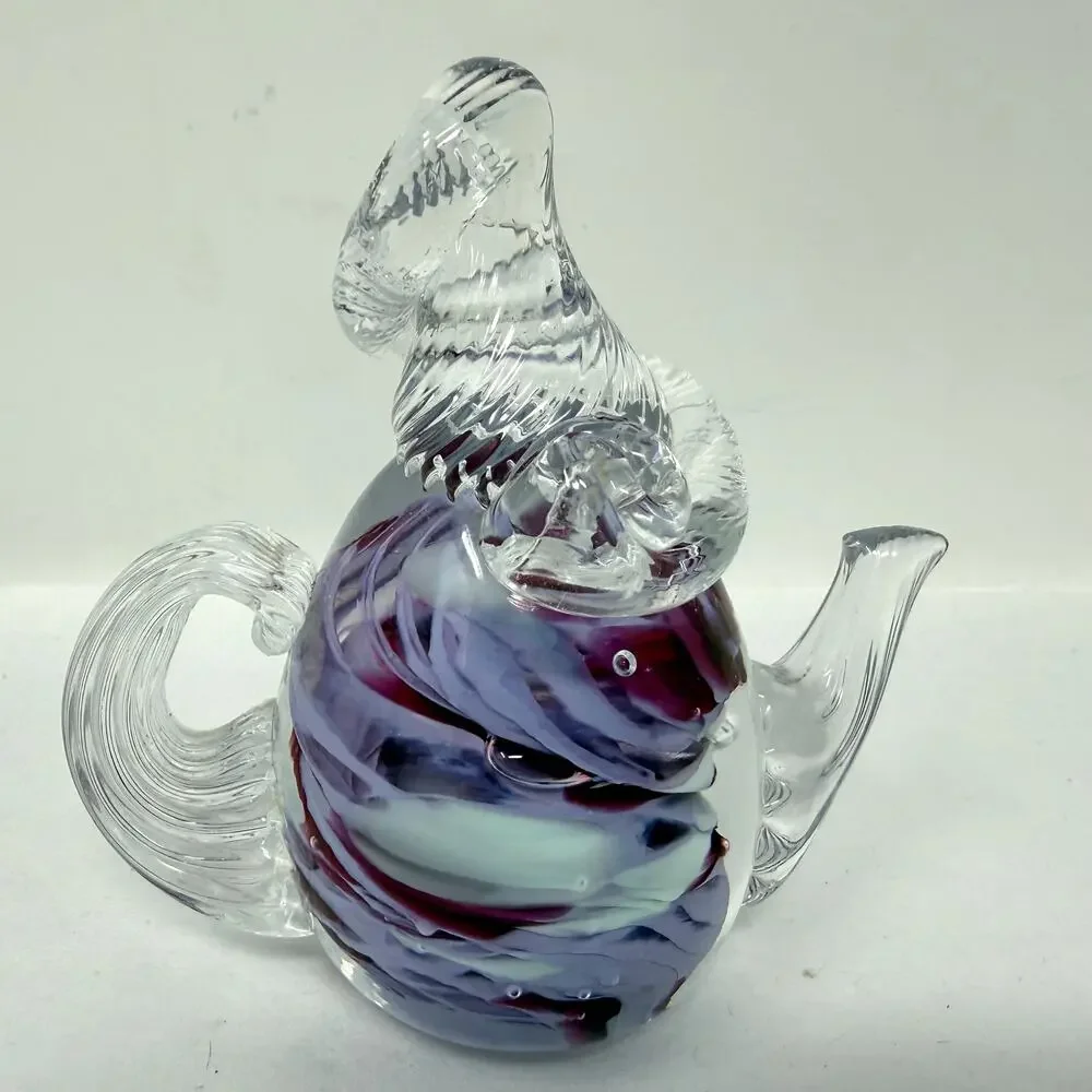 Hand Blown Art Glass Teapot Figurine Purple White Swirl Signed Mini Sculpture